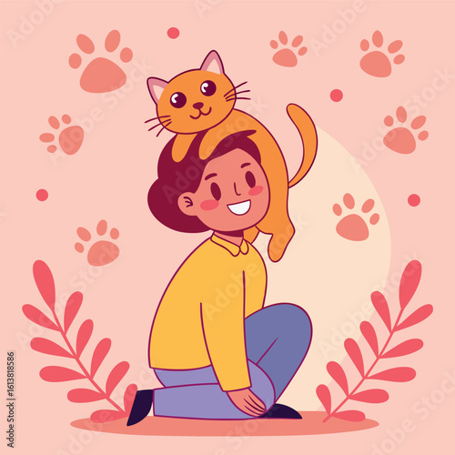 Smiling cartoon boy squatting has his orange cat draped around his shoulders