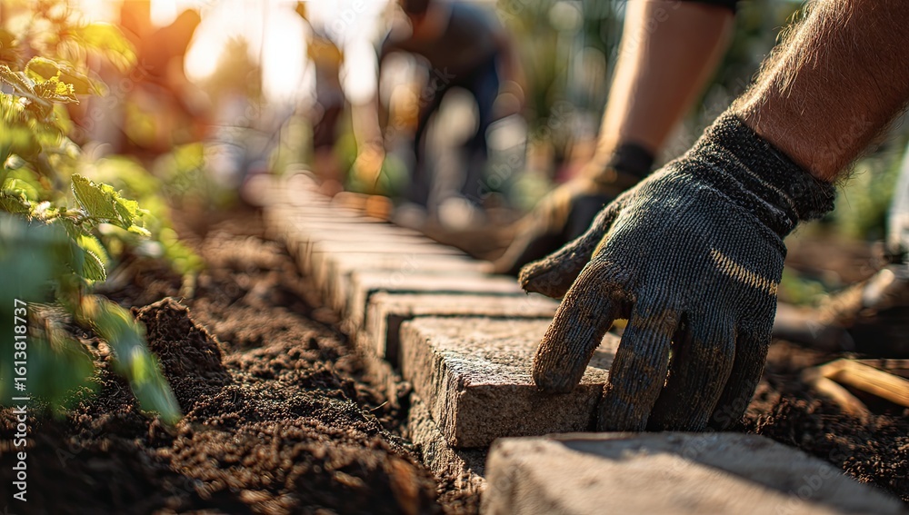 Naklejka premium Hands placing bricks in garden