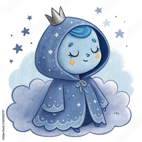 A sleepy moon spirit, shaped like a small, glowing blue child with twinkling star freckles on their cheeks. They wear a soft, cloud-like robe that shifts in color from deep indigo to light blue