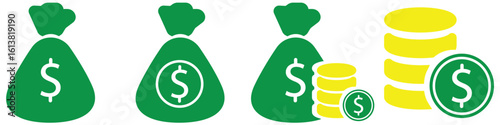 Money bag icons with dollar signs. One outline and one solid version isolated on white background. Vector illustration.