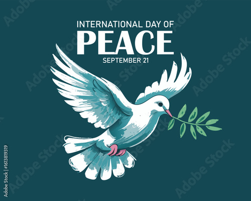 Dove of peace concept. Symbol of freedom and international day of peace. Chalk painted dove with olive branch