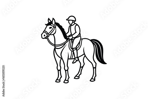Equestrian Rider on Horseback Outline Black and White Graphic Illustration Silhouette