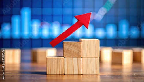 Wooden blocks stacked as a bar chart with a red upward arrow indicating growth against a blurred blue financial graph background.
