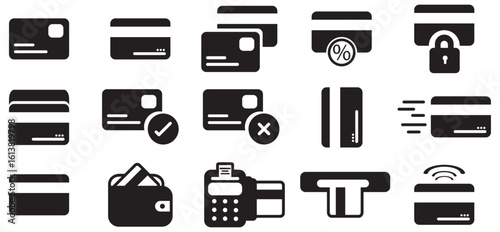 Credit card security icons. Blocked card and payment protection signs. Personal finance safety and anti-theft technology concept.