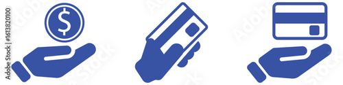 Hand and card icon  outline vector symbol for finance and banking