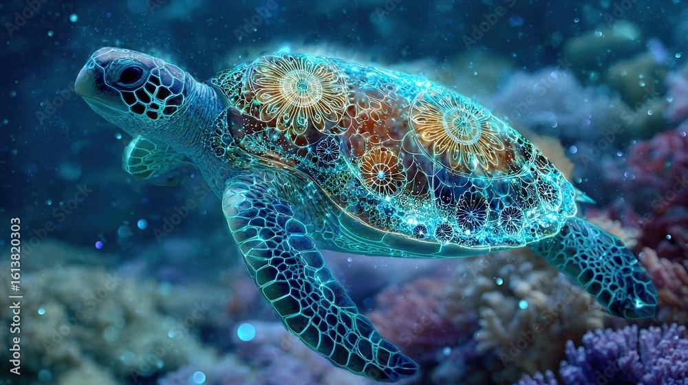 Fototapeta premium Sea turtle on coral reef, close-up