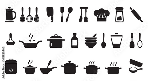 Black and white icons of kitchen utensils and cookware on white background cooking