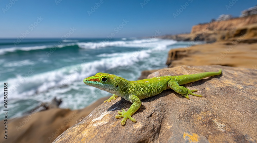 Fototapeta premium A lizard perched atop a rock near the ocean, with waves crashing behind it