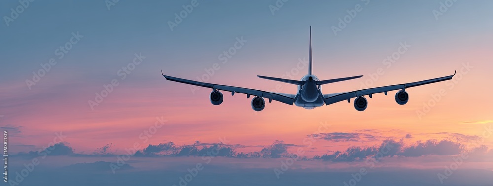 Airplane soaring through a vibrant sunset sky Airplane soaring through a vibrant sunset sky