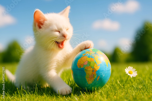 A white kitten rests its paw on a small globe on green grass under a blue sky
