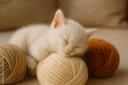 A close-up white kitten sleeping atop a ball of light yellow yarn