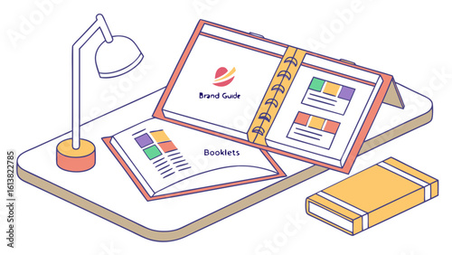 Isometric view of desk with lamp brand guide booklets and a book showcasing design elements nicely