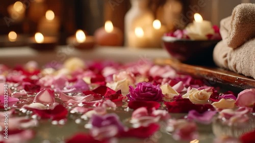 Rose petals floating on water with soft candlelight and warm towels create romantic spa relaxation, enhanced by gentle light for soothing self care and wellness atmosphere