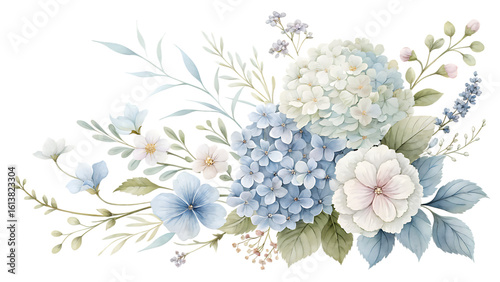 Beautiful watercolor floral arrangement featuring delicate blue and white hydrangeas and soft pink roses isolated on transparent background