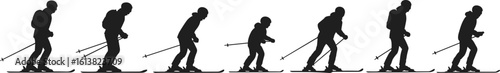 Black white vector of skier silhouette progression, skiing poses, winter sport training, snow motion, posture technique, athlete movement, outdoor recreation