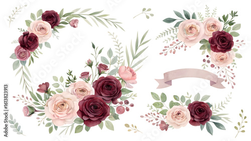 Elegant watercolor floral arrangements with blush pink and deep burgundy roses and greenery isolated on transparent background