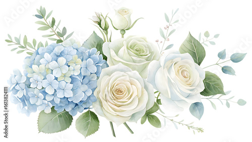 Fototapeta Naklejka Na Ścianę i Meble -  Beautiful watercolor floral arrangement featuring a large blue hydrangea and three creamy white roses with delicate green leaves isolated on transparent background