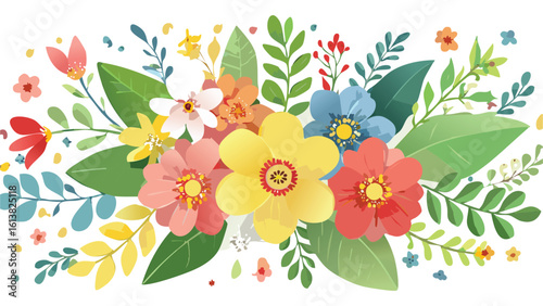 Whimsical vector floral design with bright flowers and lush greenery, perfect for wedding decor, seasonal cards, or spring festival themes.