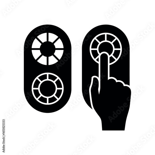Black hand pressing button on control panel with two circular dials finger
