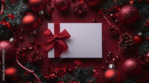 Festive red Christmas gift card with ornaments and deco ns
