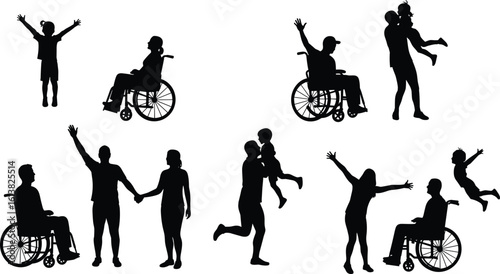 Silhouette family scene, wheelchair users included, joyful children interaction, inclusive bonding, love, support, diverse parenting, accessibility, unity, celebration, lifestyle