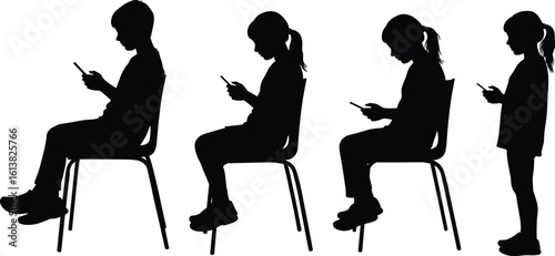 Silhouette of people using smartphones, seated and standing poses, digital device interaction, technology addiction, social media behavior, modern lifestyle illustration