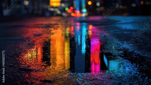 Colorful city lights reflected in a wet street puddle at night