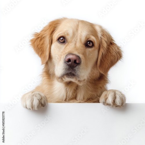 A Golden Retriever dog looking over a blank space, ready for advertisement. The dog's expressive eyes and the blank space create a perfect composition for promoting something 