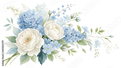 Elegant watercolor floral arrangement featuring soft white roses and delicate blue hydrangeas with green leaves isolated on transparent background