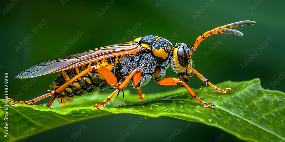 Fototapeta premium Yellow and black wasp perched on green leaf 