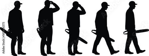 Silhouettes of chainsaw workers in multiple poses, black white vector, safety gear, industrial labor, forest cutting, tools, equipment, isolated