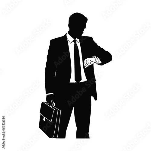Silhouette of a businessman checking his watch while holding a briefcase