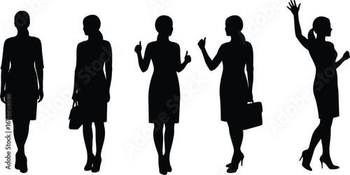 Silhouettes of confident businesswomen, walking, gesturing, carrying handbags and briefcases, dressed in professional attire, isolated white background, diverse poses