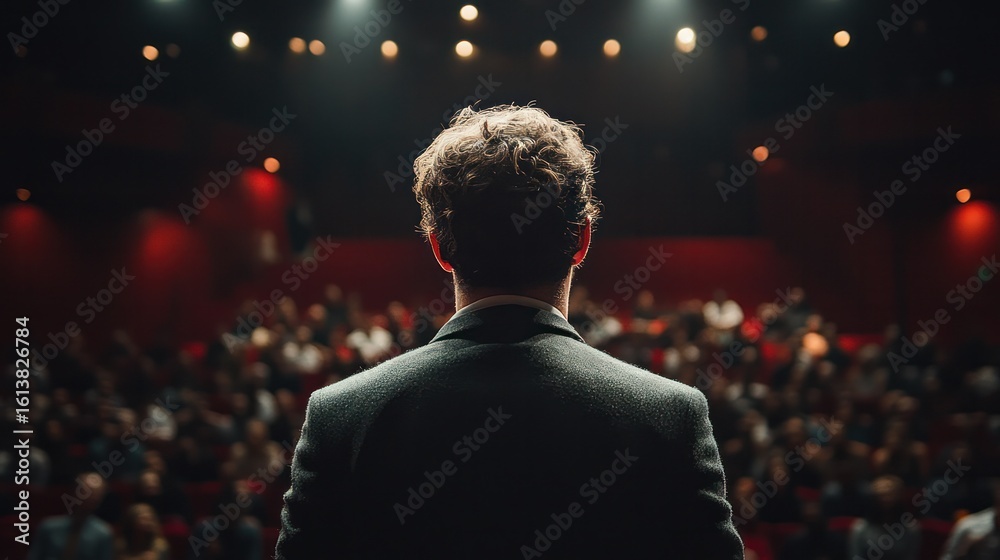 Motivational speaker engaging crowd during seminar, showcasing authority and confident communication Motivational speaker engaging crowd during seminar, showcasing authority and confident communication