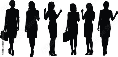 Silhouettes of diverse businesswomen, confident walking and gesturing poses, carrying briefcases, isolated white background, corporate style, professional image
