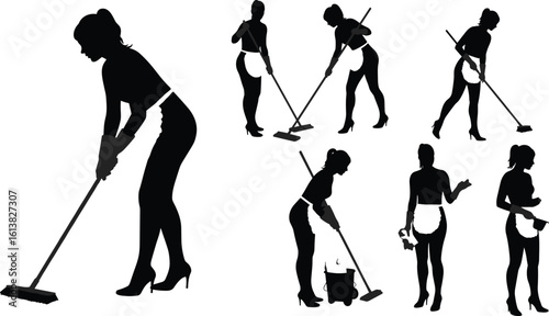 Silhouettes of maids performing cleaning tasks, professional housekeeping, mop and bucket, high heels, black vector, domestic chore, service illustration