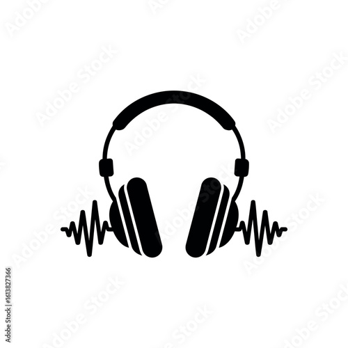 Black headphones with sound wave graphic on white background audio music 3