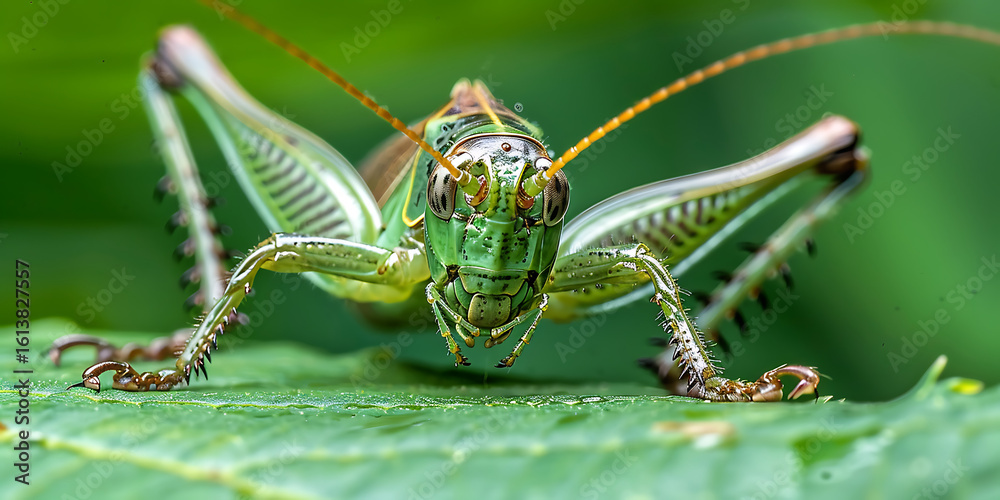 Naklejka premium Green grasshopper poised on leaf with extended hind legs 