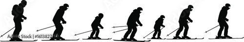 Silhouettes of skiers in motion, black white vector illustration, skiing posture evolution, winter sports training, technique development, expressive snow movement