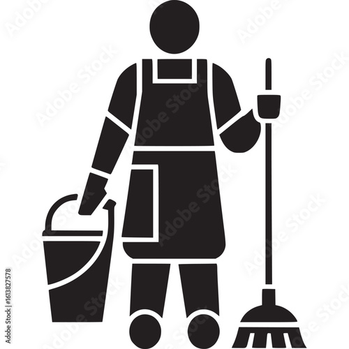 Illustration of a cleaning person holding a bucket and a broom in a black and white design on transparent background
