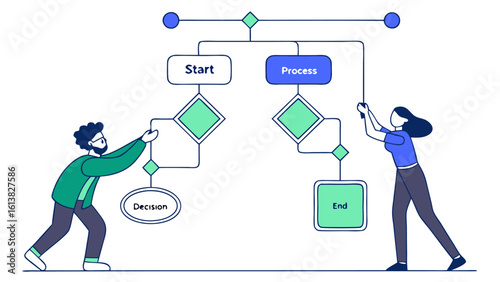 Illustration of a man and woman adjusting a flowchart with start process decision and end points