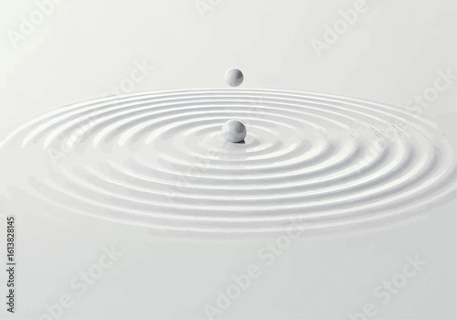 A single sphere dropping into a white liquid, creating concentric ripples.