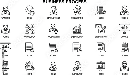 Business process icons showing planning development and distribution