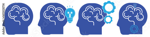 Business Intelligence and Cognitive Process Icons – Head with Light Bulb and Cogwheel