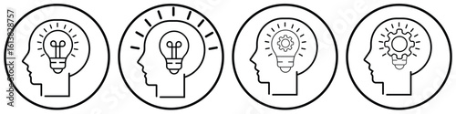 Mindset and Strategy Icons – Head Silhouettes with Innovation and Process Symbols