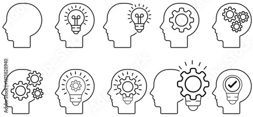 Creative Mind and Problem Solving Icons – Human Head with Light Bulb, Gear, and Checkmark Symbols

