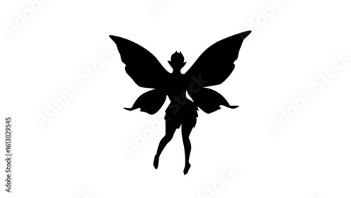 Silhouette of a fairy with large wings and pointy ears against a white background in a simple illustration
