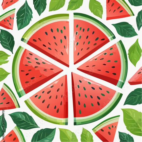 Watermelon Slices and Green Leaves Pattern