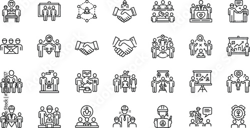 Collection of black and white line art icons depicting business themes