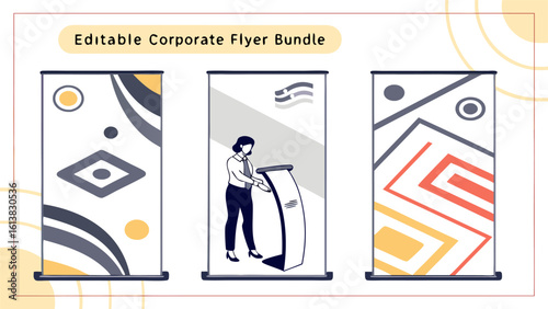 Collection of three editable corporate flyer designs featuring abstract patterns and a professional woman interacting with a display stand perfect for business promotions